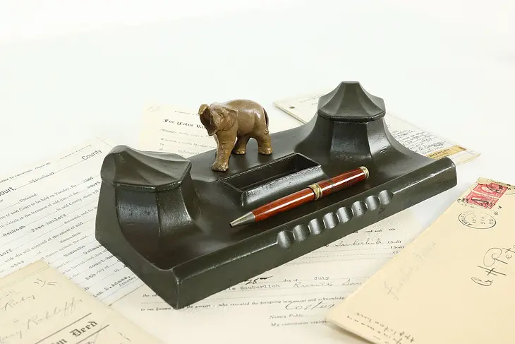 Elephant Statue Antique Desktop Double Inkwell & Penholder #41393