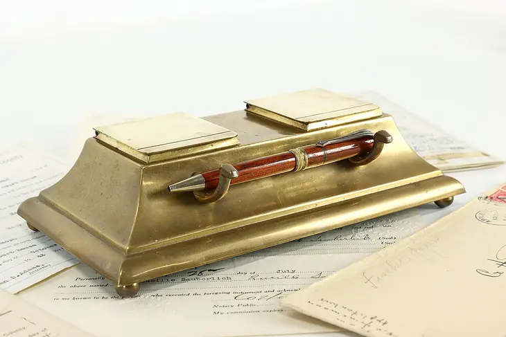Brass Antique Double Inkwell & Pen Holder, Bradley & Hubbard #40132
