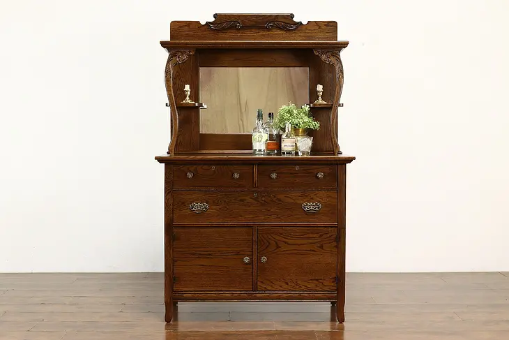 Victorian Carved Oak Antique Bar Cabinet or Sideboard, Mirror, Larkin #40583