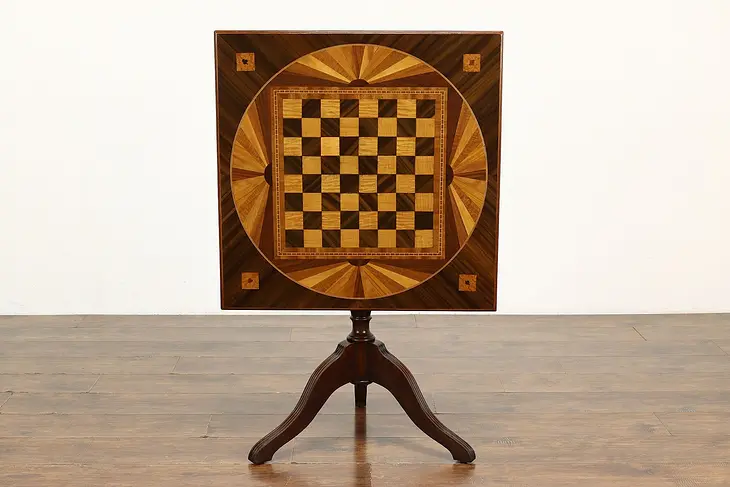 Chess or Checkers Vintage Marquetry Flip Top Game Table, Drink Coasters #41425