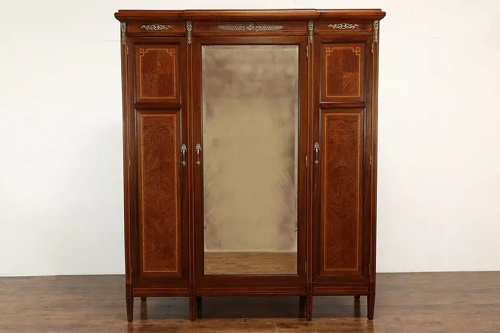 Italian Antique Banded Rosewood Armoire, Wardrobe, Closet, Beveled Mirror #38257