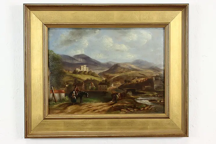 Spanish Village, River & Castle Antique Original Oil Painting 23" #40916