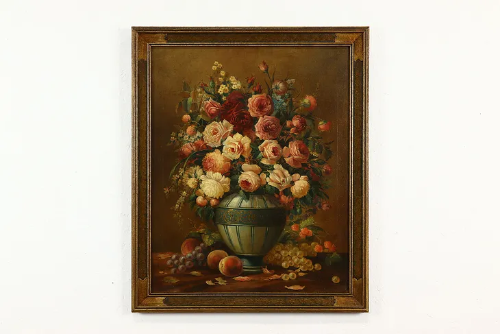 Still Life Roses & Fruit Antique Original Oil Painting 1923 Pascual 30" #40907