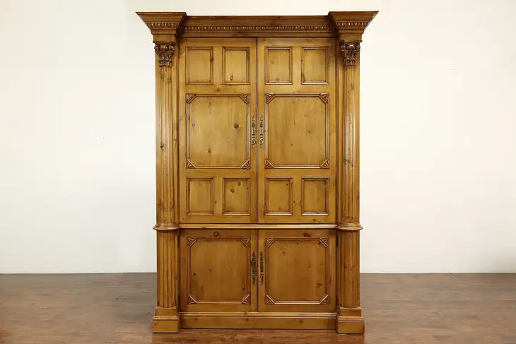 Farmhouse Vintage Carved Pine Armoire, Entertainment Center, Wardrobe #40922