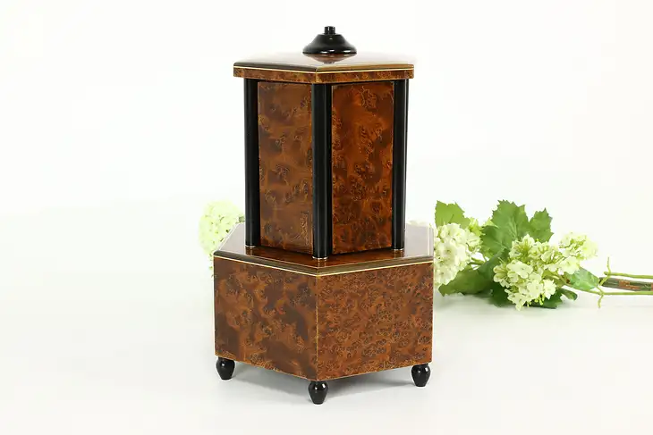 Art Deco Vintage Burl Swiss Music Box & Cigarette, Lipstick Dispenser #40957