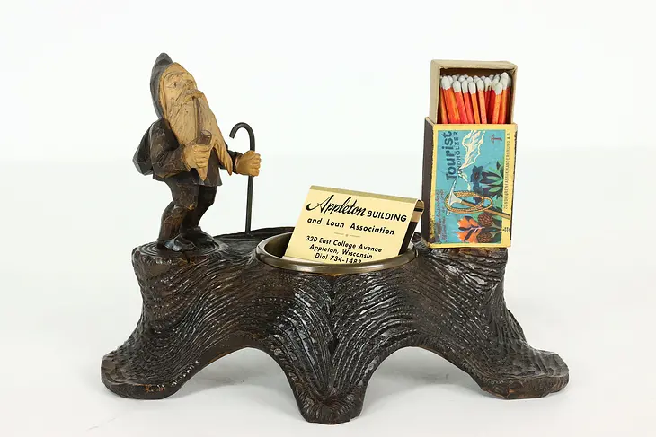 Carved Troll Black Forest Vintage Folk Art Ash Tray Match Holder  #41276