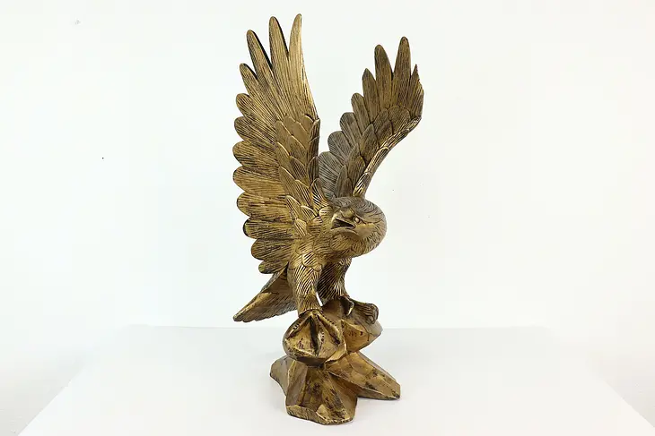 Eagle in Flight Statue Vintage Hand Carved Sculpture, Gold Finish  #41441