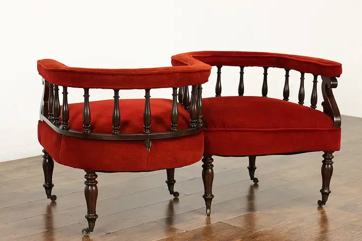 Victorian Rosewood Tête-à-Tête Antique Double Chair S Shape Sofa, Velvet #41355