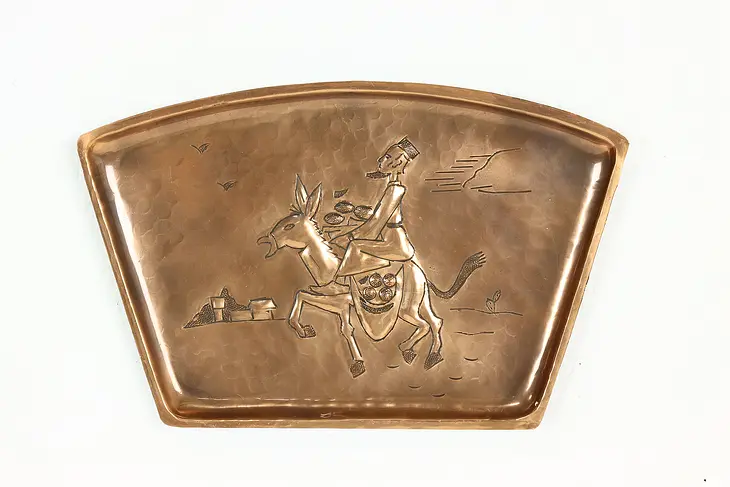 Farmhouse Vintage Copper Tray or Plaque, Man Riding Donkey, Israeli #41412