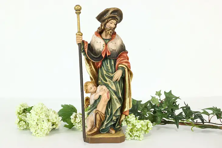 St. Roch Patron Saint of Dogs Vintage Hand Carved Sculpture, Staffler #40973