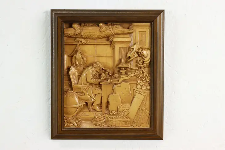 Alchemist at Work German Vintage Carved Wall Plaque After Spitzweg #40954