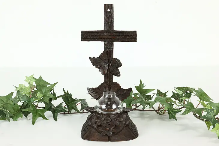 Black Forest Antique Hand Carved Cross with Glass Holy Water or Inkwell #40986