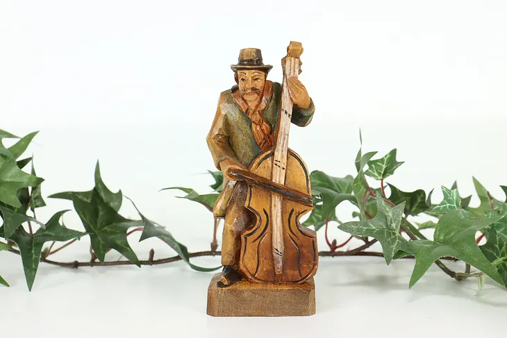 Man Playing Cello Hand Carved Vintage Alpine Sculpture #41574