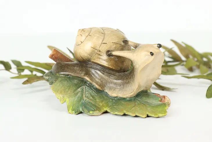 Hand Carved Vintage Painted Snail on Leaf Alpine Sculpture #41562