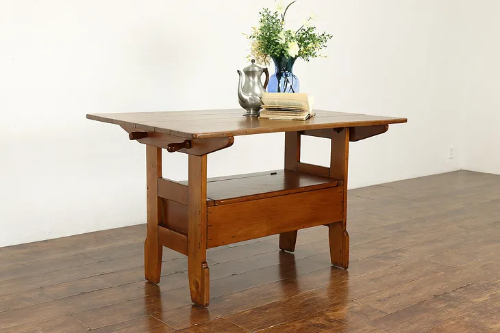 Farmhouse Antique Pine Flip Top Table converts to Bench Seat & Storage #41117
