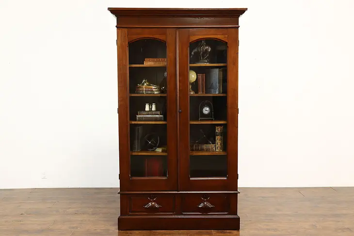 Victorian Antique Walnut Office Library Bookcase, Wavy Glass Carved Pulls #39590