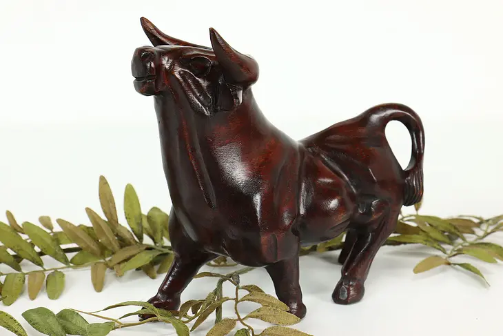 Stock Market Bull Statue Mahogany Hand Carved Vintage Sculpture #40983