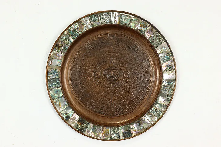 Copper & Abalone Vintage Platter or Wall Plaque, Aztec Calendar Motif #41417