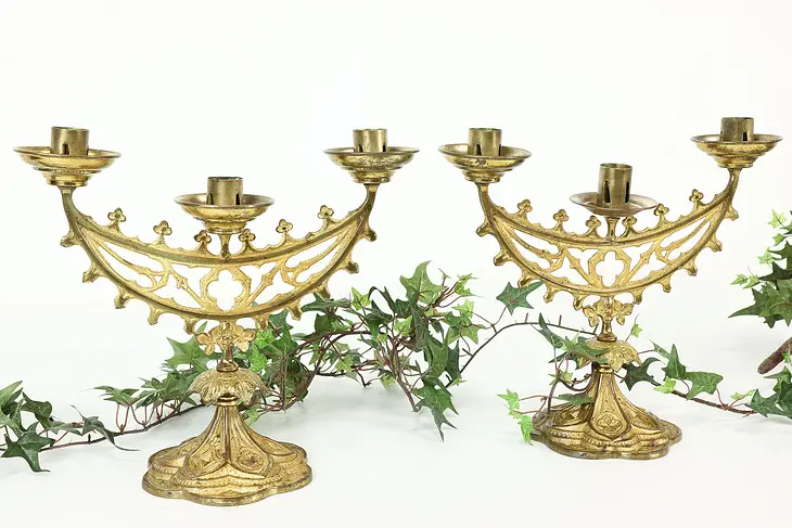 Pair of Victorian 1850s  Antique Gilt Bronze Triple Candelabra #41544