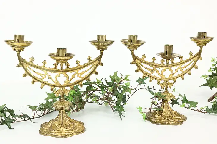 Pair of Victorian 1850s  Antique Gilt Bronze Triple Candelabra #41544