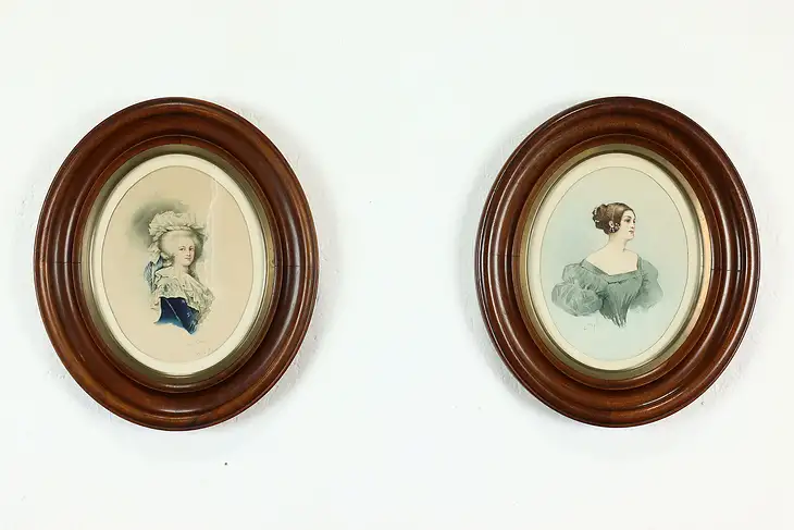 Oval Pair of Portraits Antique Original Watercolor Paintings, Grylls 14" #41632]