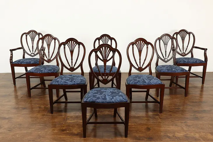 Set of 8 Georgian Vintage Shield Back Dining Chairs, New Upholstery #38853