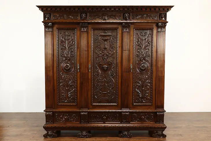 Italian Renaissance Antique Carved Walnut Armoire, Wardrobe or Closet #38557