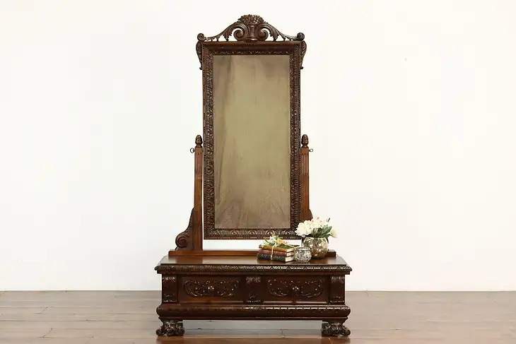 Renaissance Carved Antique Walnut Italian Hall or Dressing Mirror #40789