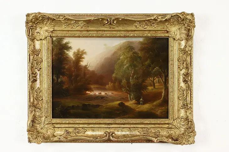 Fisherman & River Victorian Antique 1842 Original Oil Painting Tucker 19" #41198