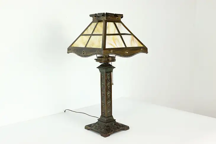 Arts & Crafts Antique Stained Glass Craftsman Shade Office or Desk Lamp #41685