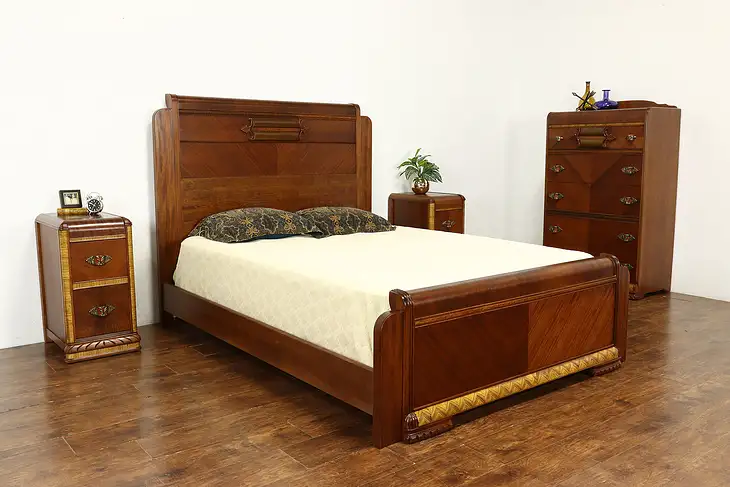 Art Deco Waterfall Design Vintage 4 Pc. Bedroom Set, Queen Size Bed #41331