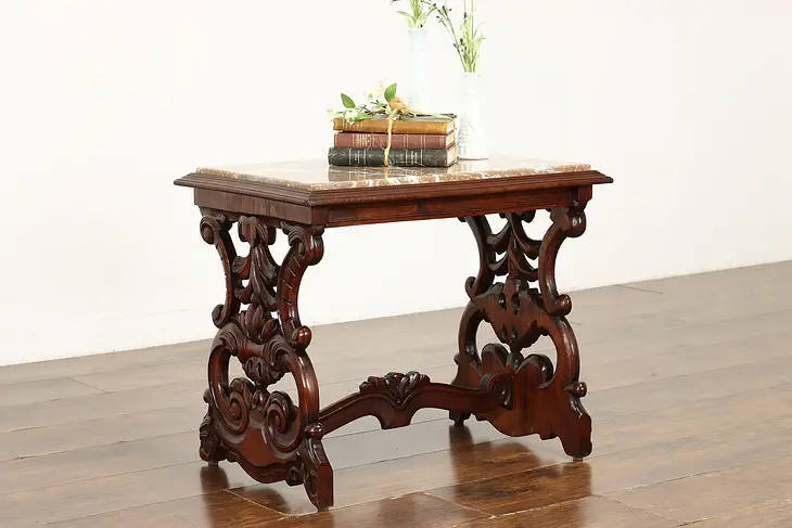Italian Renaissance Carved Antique Coffee or Chairside Table, Marble Top #41680