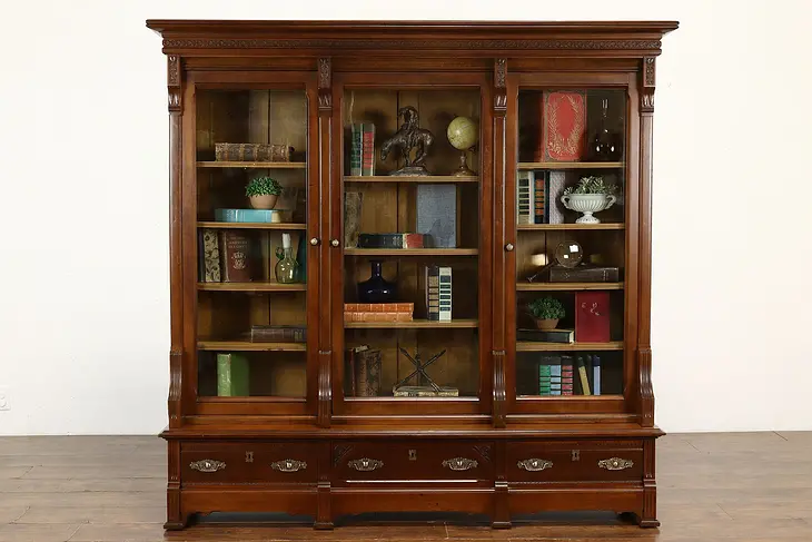 Victorian Eastlake Antique Walnut Triple Library or Office Bookcase #41445