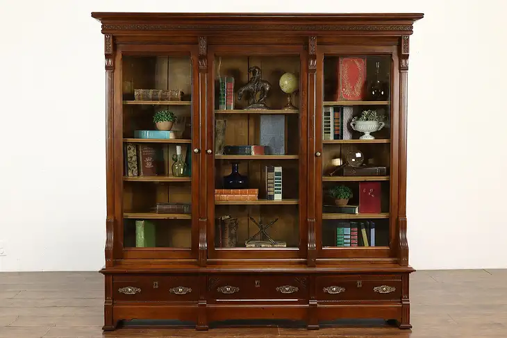 Victorian Eastlake Antique Walnut Triple Library or Office Bookcase #41445