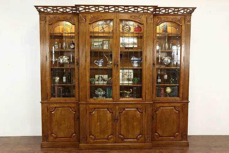 Monumental Designer Walnut Bookcase, Display Cabinet, Leaded Glass Doors #41721