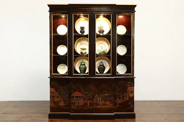 Chinese Design Vintage Hand Painted Breakfront or China Display Cabinet #41595