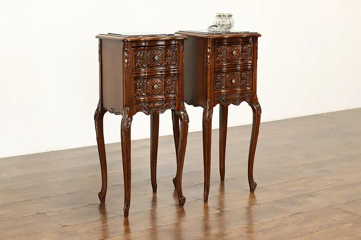 Pair of French Design Carved Walnut Nightstands, End Tables, Marble Tops #41677