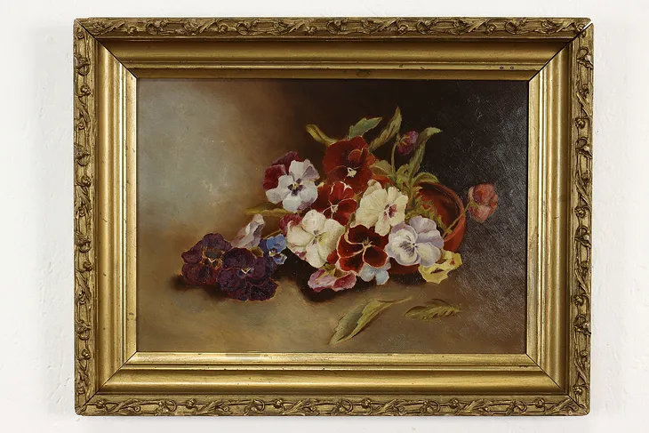 Victorian Still Life of Pansies Antique Original Oil Painting 19.5" #41687