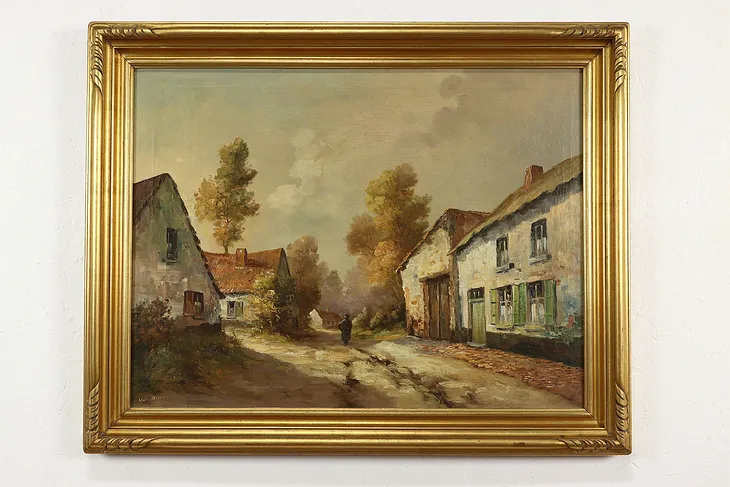 Village in Hungary Antique Original Oil Painting, Van Daum 36.5" #41684