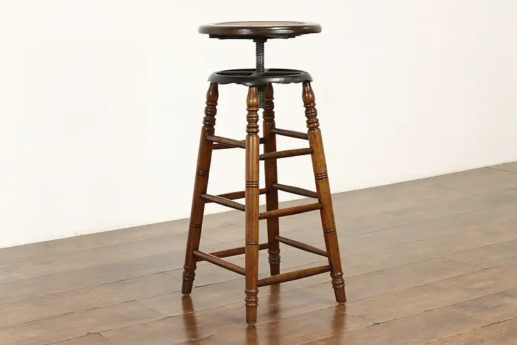 Industrial Salvage Walnut & Iron Antique Farmhouse Swivel Drafting Stool #41692