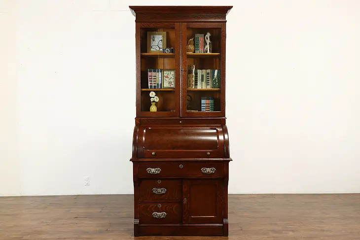 Victorian Eastlake Antique Oak Cylinder Roll Top Secretary Desk, Bookcase #41382