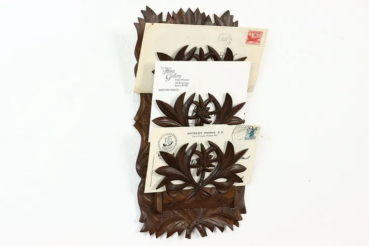 Black Forest Carved Antique Flower & Leaf Wall Pocket Letter Rack #41579