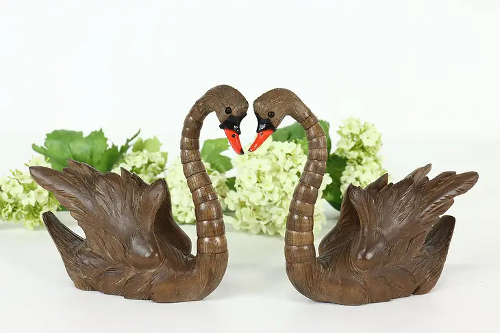 Pair of Swiss Alpine Carved Swan Sculptures, Adjustable Necks #40945