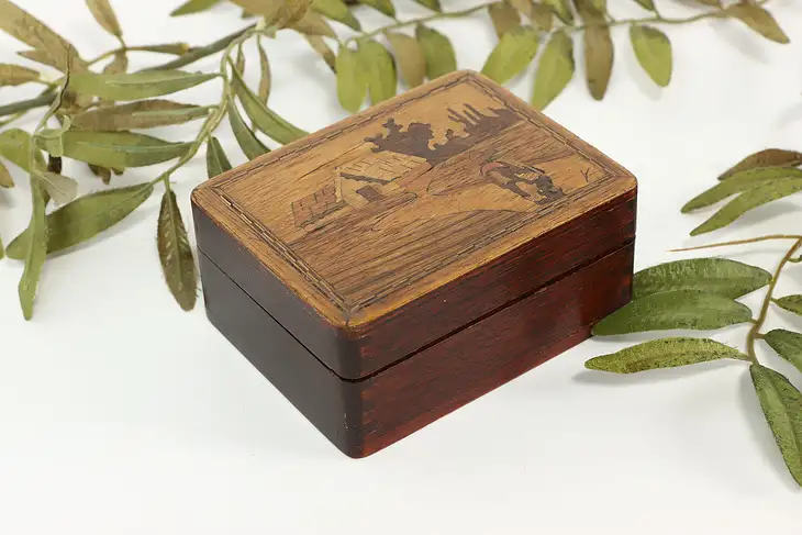 Folk Art Antique Marquetry Jewelry or Keepsake Box #41209