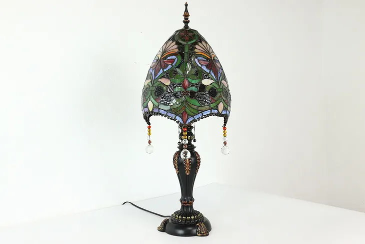Hand Leaded Stained & Textured Glass Vintage Office or Library Lamp #41740