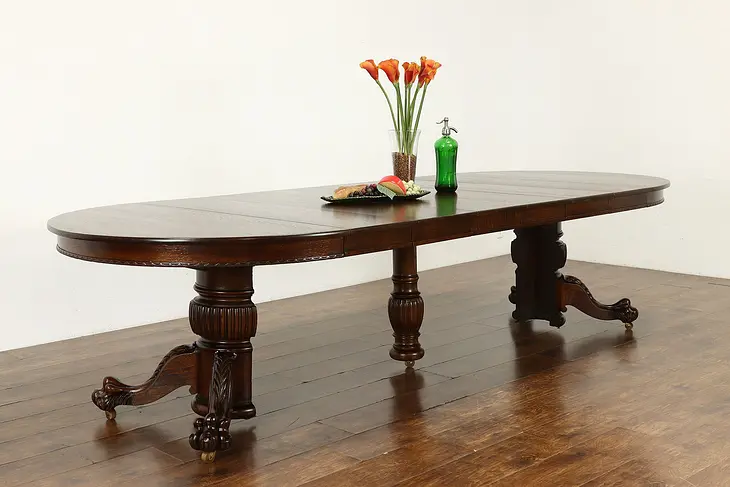Victorian Antique Oak 48" Dining Table, 6 Leaves, Paw Feet, Extends 10' #35925