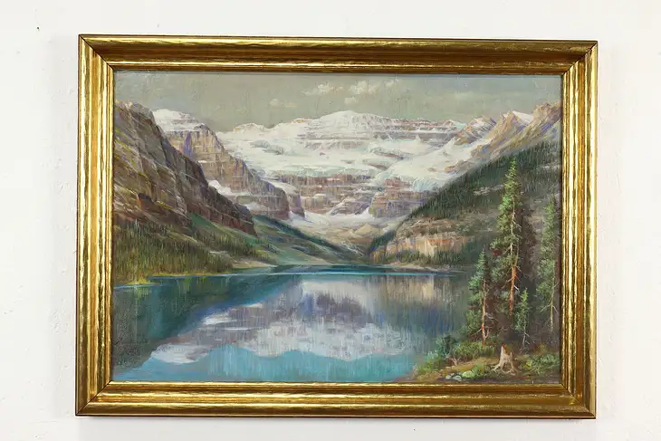 Mountain Valley & Lake Landscape Original Vintage Oil Painting, Roth 30" #40998