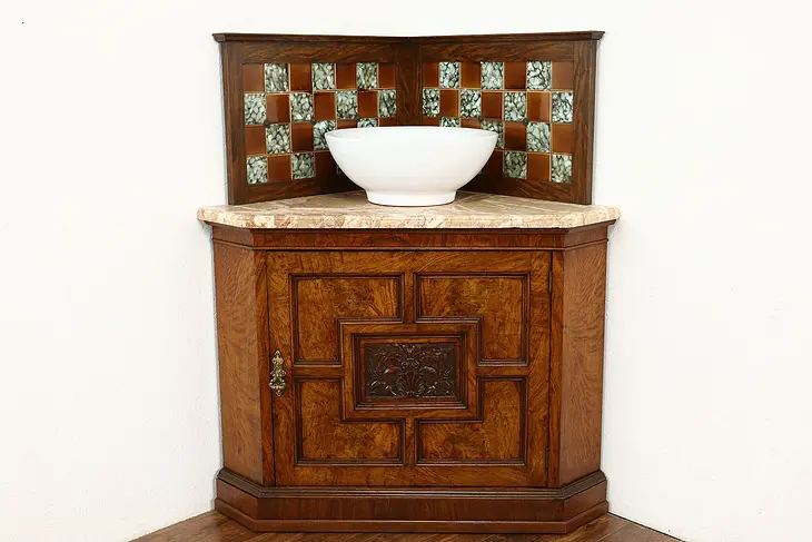 Victorian Antique English Corner Cabinet, Vessel Sink Vanity, Marble Top #40784