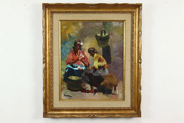 Women at Work Vintage South American Original Oil Painting, Escriba 31" #41349