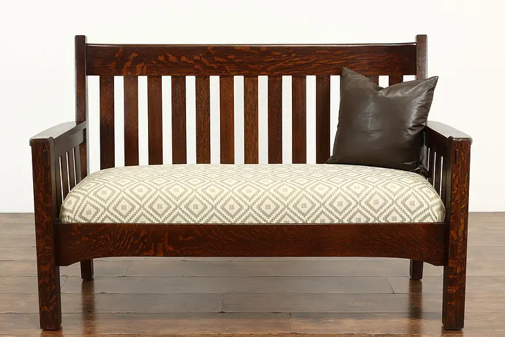Arts & Crafts Mission Oak Antique Craftsman Hall Bench, Settee New Fabric #41587